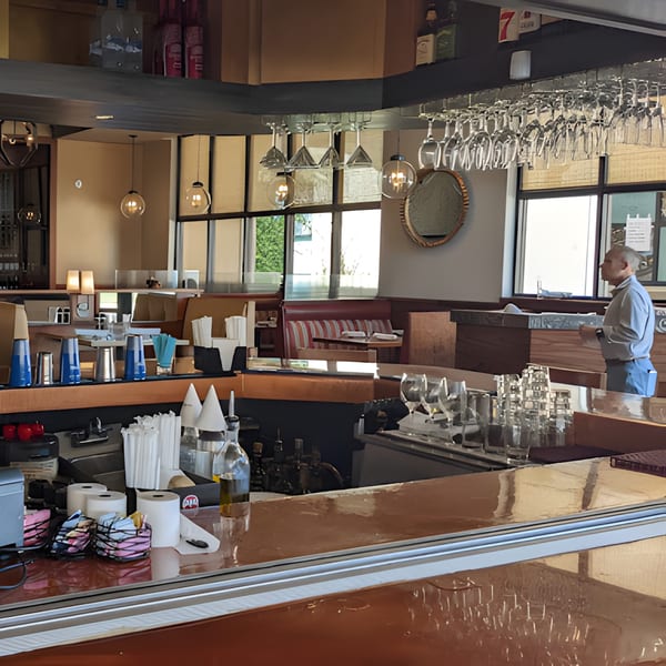 A Terra Ristorante & Bar interior with a bar counter, hanging wine glasses, and a person standing.